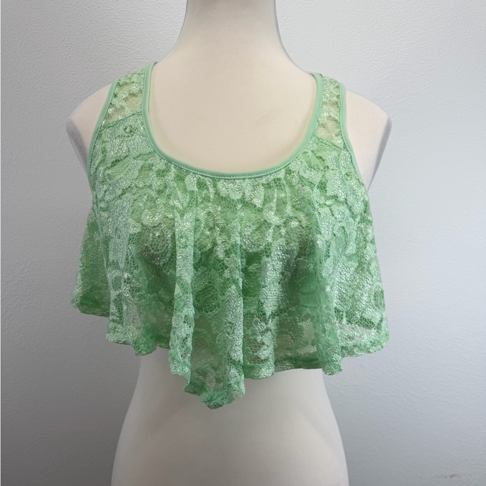 Kirra Mint Green Floral Lace Crop Top Racerback Flowy‎ Ruffle Tiered PacSun S/M